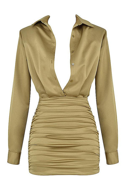 ONBRE®  | OLIJFKLEURIGE SATIJNEN  OVERHEMDJURK